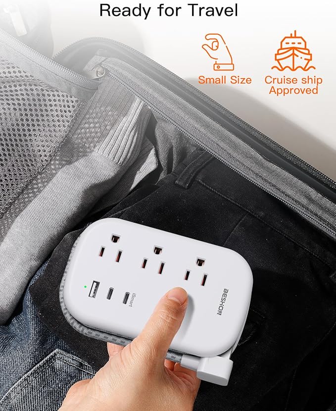 USB C Travel Power Strip, BESHON Ultra Flat Extension Cord, Flat Plug Power Strip, 3 Outlets with 3 USB Ports(2 USB C), 3.2ft Wrapped Around Extension Cord for Cruise Ship, Travel Essentials, Grey