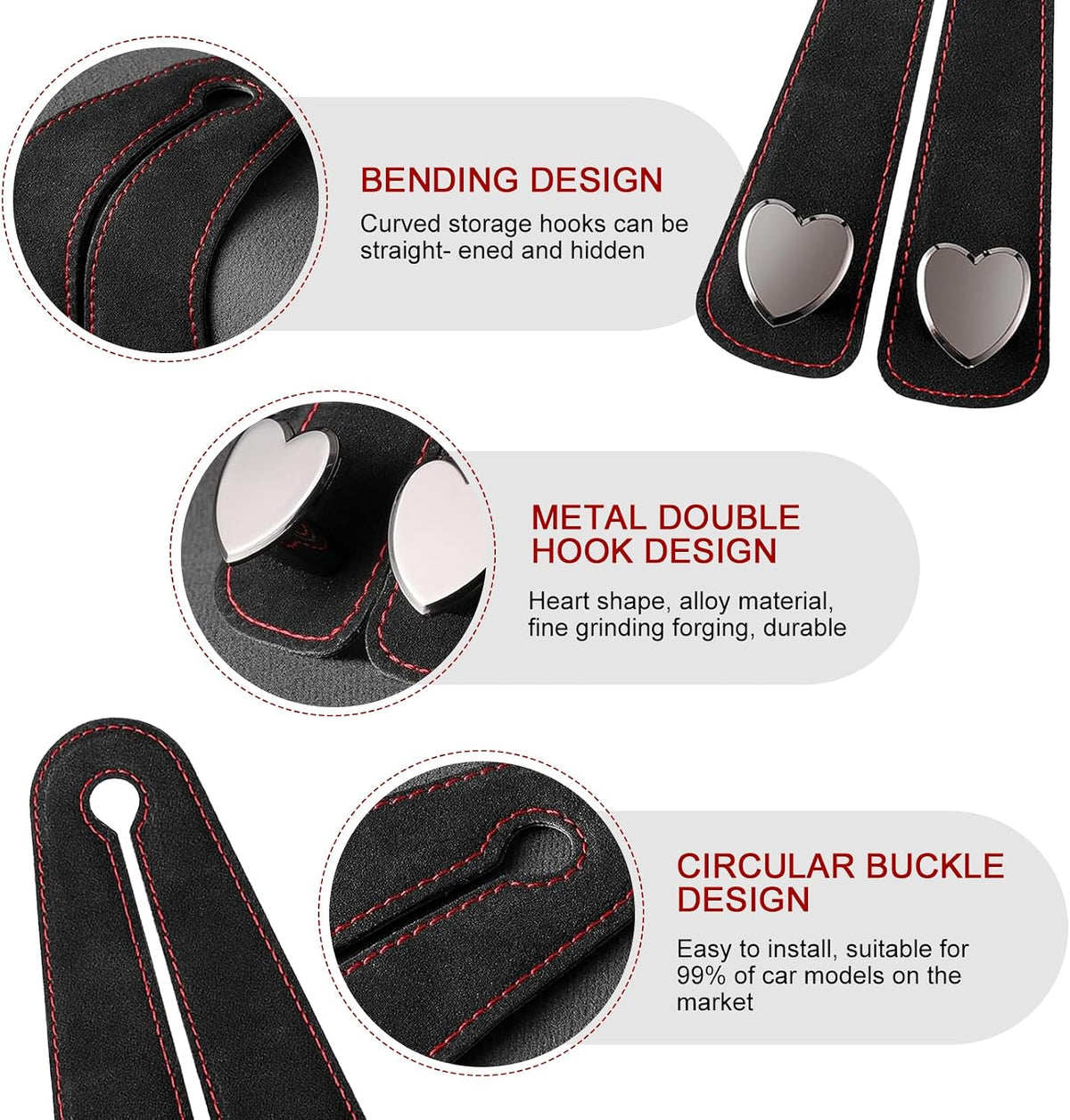 Car Hooks for Headrest, Luxurious Leather & Metal Multifunctional Anti-Slip Vehicle Hooks - Holds Bags, Umbrella, Wallet, Glasses | Universal Car Interior Storage Organizer (Black)