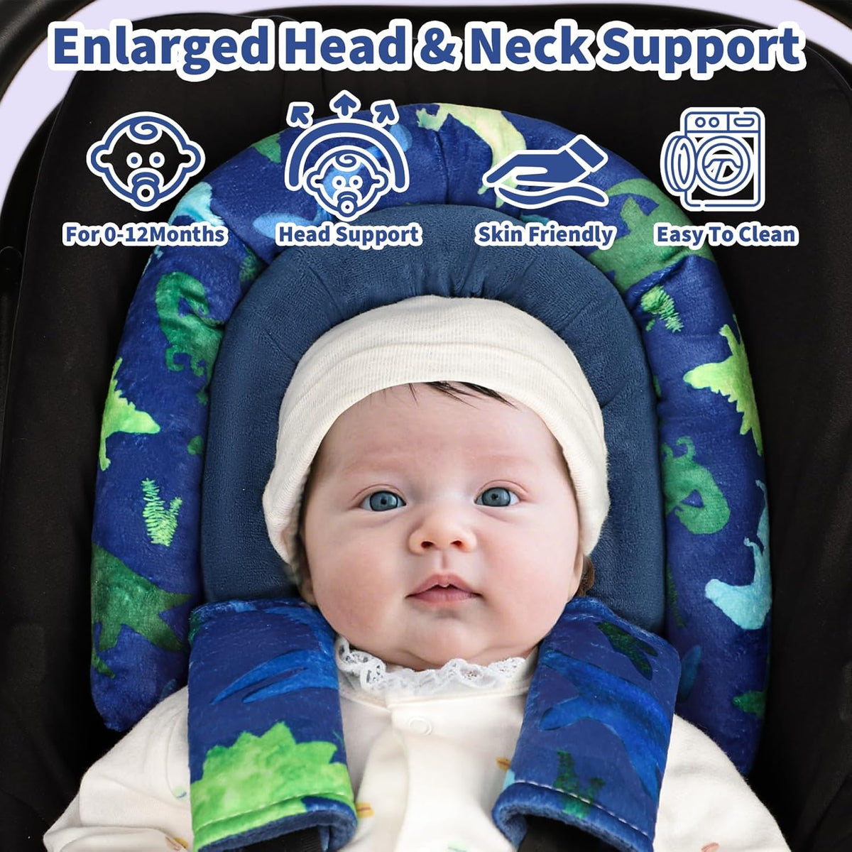 Baby Car Seat Head Support with Extra Headrest, 2-in-1 Babybody Supports with Shoulder Pads Set for Newborn, Adjustable Infant Car Seat Insert Compatible with Stroller, Baby Swing (Blue Dinosaur)
