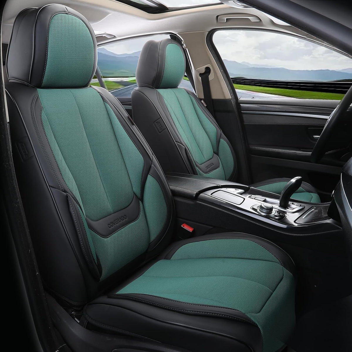 Coverado Seat Covers Full Set, Car Seat Covers Front Seat and Back Seat, Fabric&Leather Car Seat Protectors, Universal Seat Covers for Cars, Compatible with Most Cars, Green