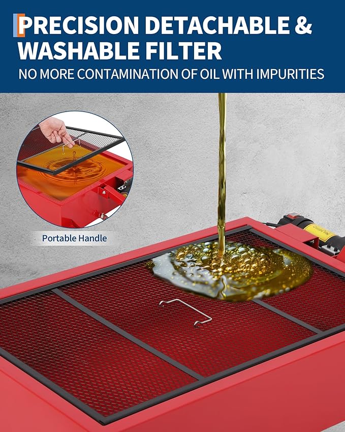 GarveeTech Low Profile Oil Drain Pan 12V, 25-Gallon Metal Oil Change Pan Large Capacity with 180W Electric Pump, 8FT Hose & Folding Handle for Cars, SUVs, Trucks, Buses, RVs, Red