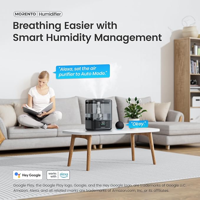 Smart Humidifiers for Bedroom Large Room Home, 6L Cool Mist Top Fill Humidifier with Essential Oil Diffuser, Smart App & Voice Control, for Nursery & Plants, Black, 1 Pack + 7 Color NightLight