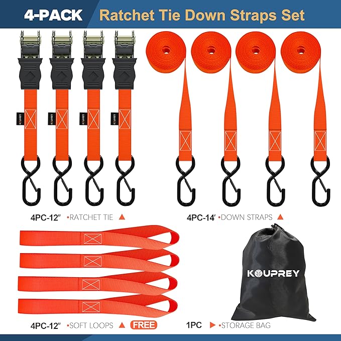 Ratchet Straps, Boat Tie Down Straps to Trailer, Motorcycle Straps, Kayak Tie Downs, 4-PK 1" x 15ft, 1800 LB Break Strength Safety Lock S Hooks & 4 Soft Loops-Secure, Rubber Coated Handle Orange