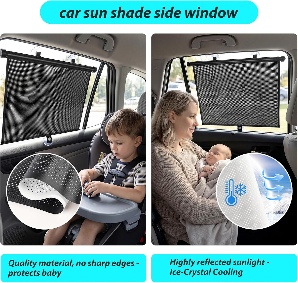 SYOURSELF Sun Shade for Car Window Baby, 2 Pack Retractable Sun Shade for Car Blocks Maximum UV Rays & Ice-Crystal Cooling, Roller Sunshade Visors for Baby, Children, Pets, and Passengers