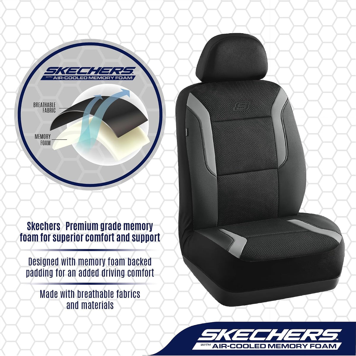 Skechers Memory Foam Car Seat Covers, Air Cool Mesh Thick Seat Covers, Gray Two Front Car Seat Protector, Airbag Compatible, Automotive Comfort & Protection for Most Cars, Van,Trucks, SUV,Grey