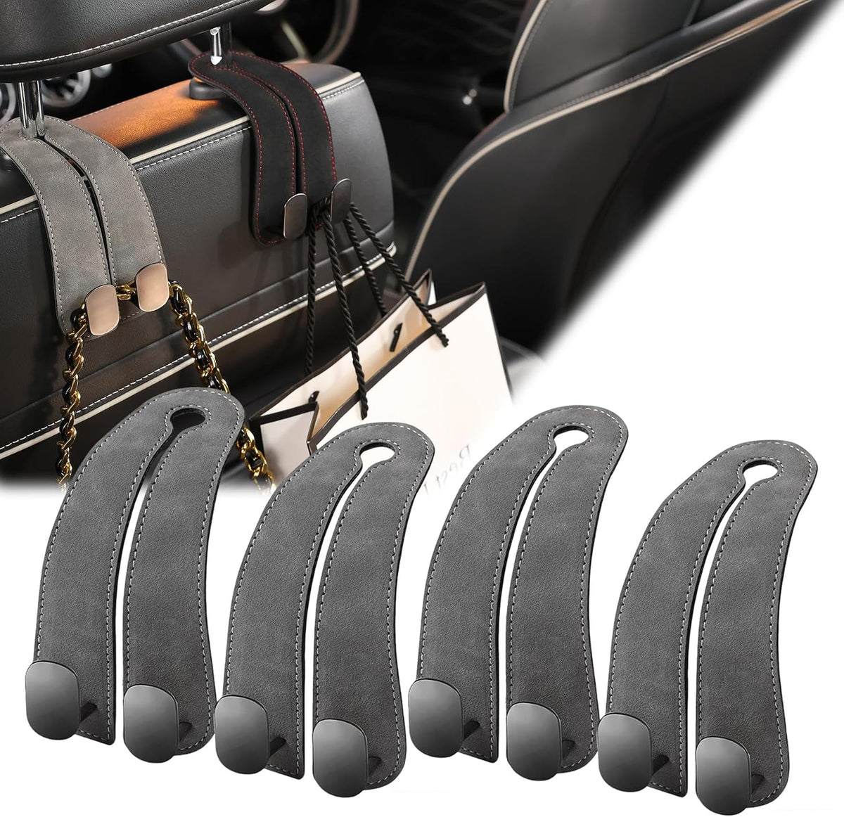 WEIHAO Purse Hook for Car Headrest, Suede Car Seat Back Storage Hook, Aluminum Twin Hooks Leather Car Headrest Hangers, Bag Holder for Sedan, Trucks, SUVs, Most Vehicles (Black-4PCS)
