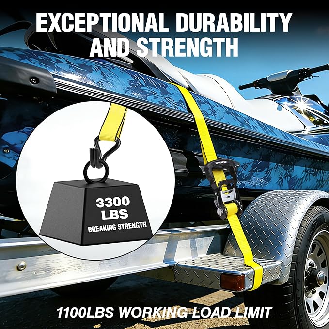 WORKPRO Ratchet Tie Down Straps, 2-Pack | 1.5" x 16' | 3300 lbs Break Strength Heavy Duty Ratchet Straps, Fits for Moving Appliances Motorcycle ATV Truck (Yellow)