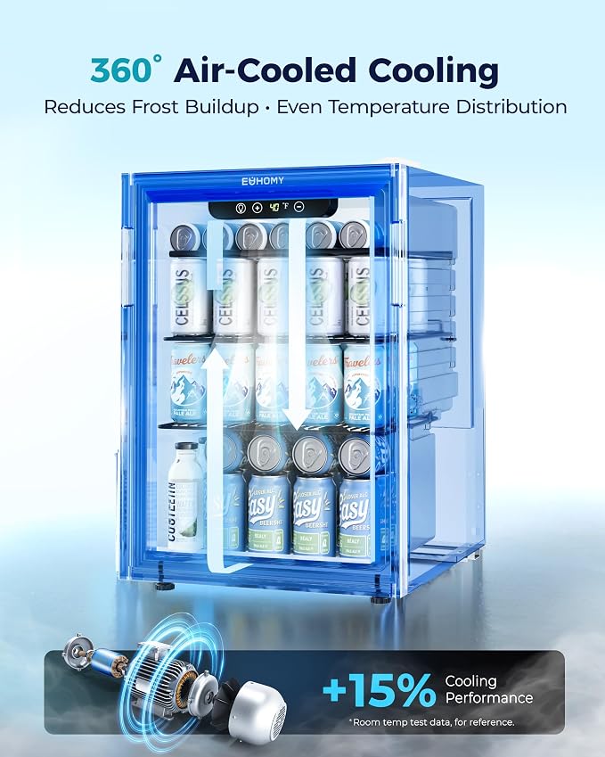 EUHOMY 100 Can Beverage Refrigerator cooler-Mini Fridge Glass Door for Beer Drinks Wines, Freestanding Beverage Fridge with Adjustable Shelves Blue LED for Home/Office/Dorm/Bar, 2.7 cu.ft