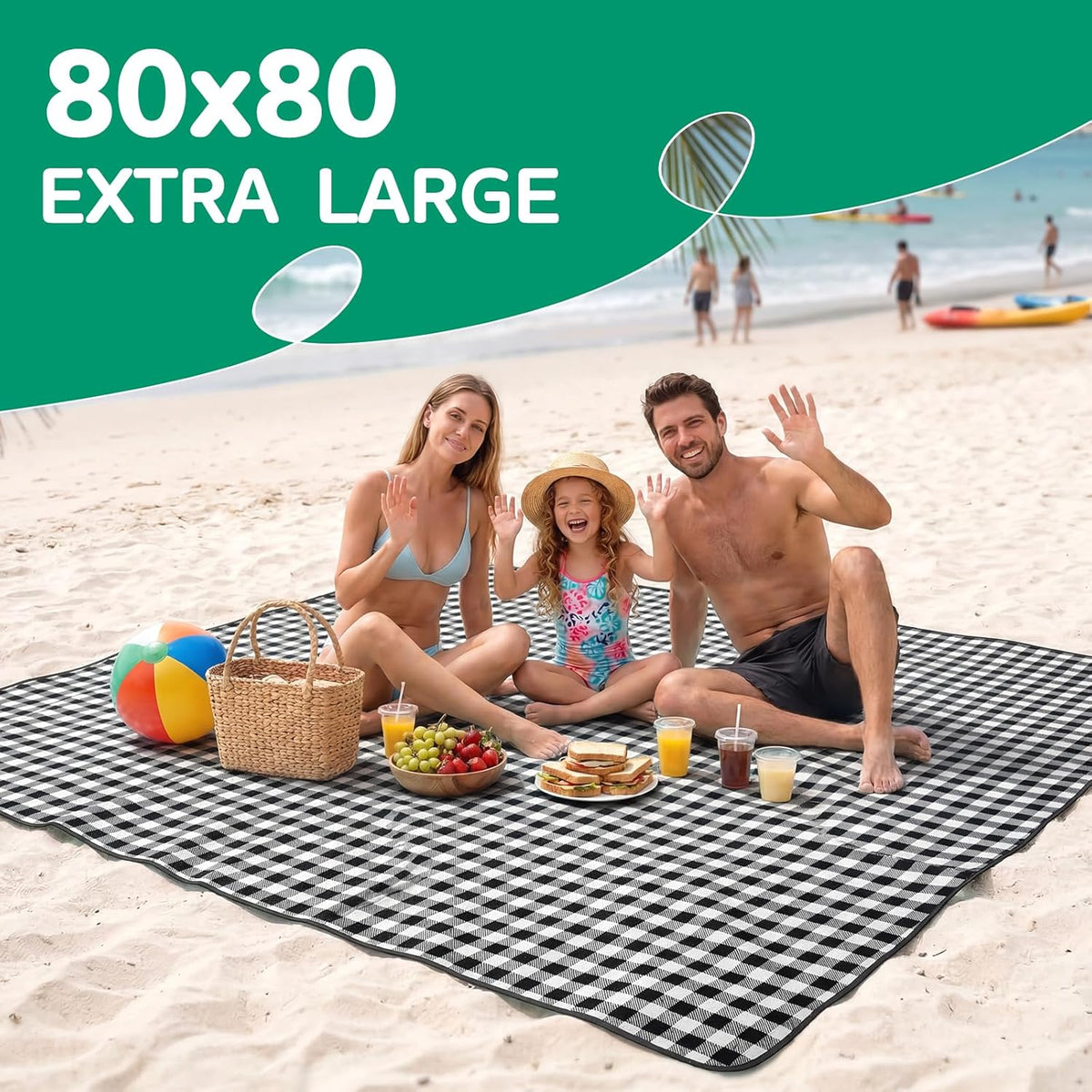 RYCHIC Waterproof Beach Blanket Picnic Camping Mat Rug Extra Large Portable Umbrella Wagon Folding Pop Tent Sun Shelter Shade Canopy Ball Cart Anchor Fan Mesh Rubber Bag Tote Toallas Manta de Playa