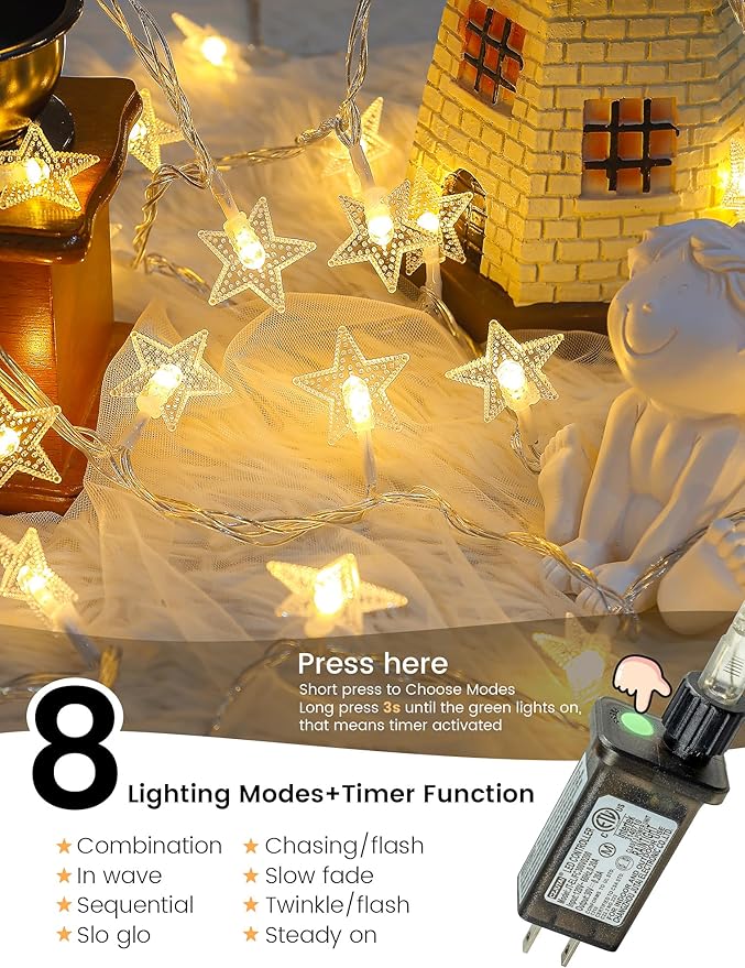 Star String Lights Plug in,33ft 100LED Fairy Lights with Remote, Hanging Star Decorations Lights Waterproof for Indoor Outdoor Bedroom Classroom Dorm Kids Tent Party Decor,Warm White