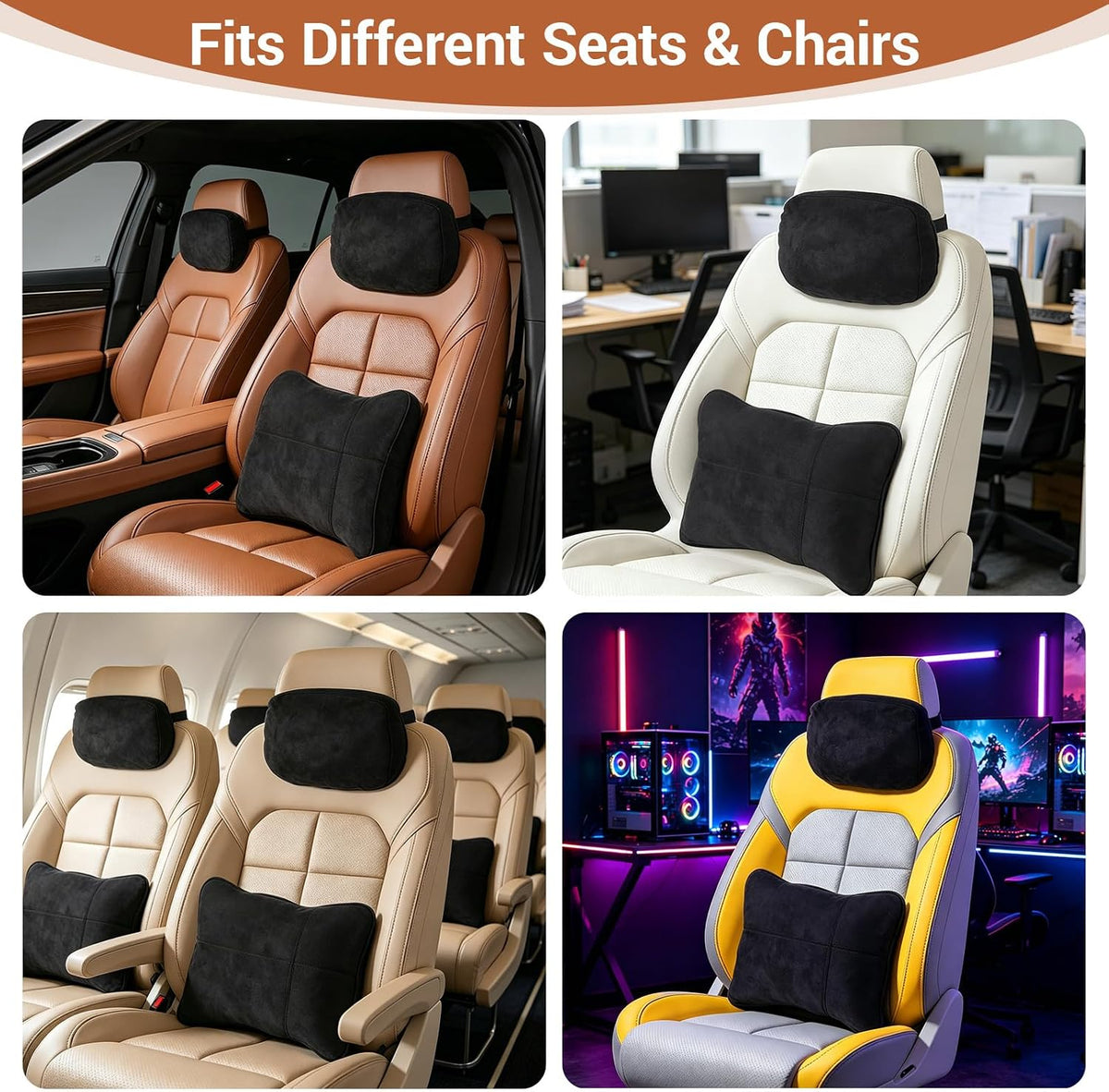 2 PCS Car Pillow Set, Soft Suede Car Neck Support Pillow and Back Cushion, Soft Ergonomic Headrest Lumbar Cushion with 2-Way Straps for Pressure Comfort, Driving Seat, Office