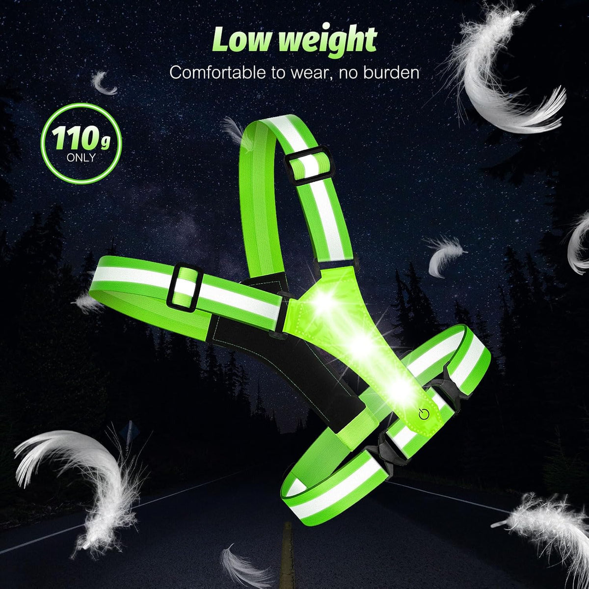 Skiennix LED Reflective Running Vest - Rechargeable Night Gear With 3 Light Modes | Safety Belt for Runners