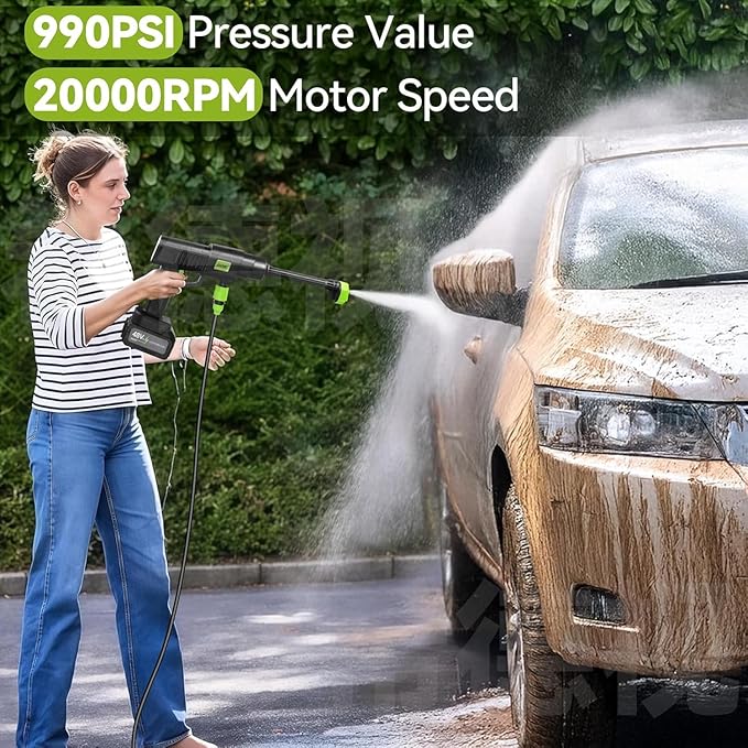 Portable Cordless Pressure Washer, 2 Battery Powered Power Washer with 6-in-1 Nozzle, 10 Adjustable Levels Portable Pressure Washer, 33FT Hose Handheld Car Washer for Patio, Floor, Garden