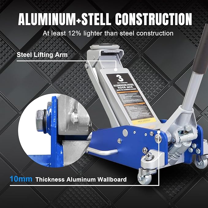 Big RED AT830011LUR Torin Low Profile, Aluminum and Steel Floor Jack with Dual Piston Quick Lift Pump,3 Ton (6,000 lb), Blue/Silver