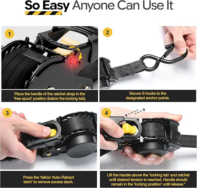 AUGO Retractable Ratchet Straps | 2 Heavy Duty Ratchet Straps Self Retractable Tie Downs with Soft Loops & Storage Bag for Motorcycle, Truck, Trailer, Cargo Van | 3000 Lb Break Strength 2” x 10’