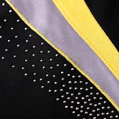 HOZIY Leotards for Girls Gymnastics Practice Size 6-7 Years Gold Stripe Spliced Diamond Rhinestone Fall Black Tumbling Outfit Biketard Sparkly