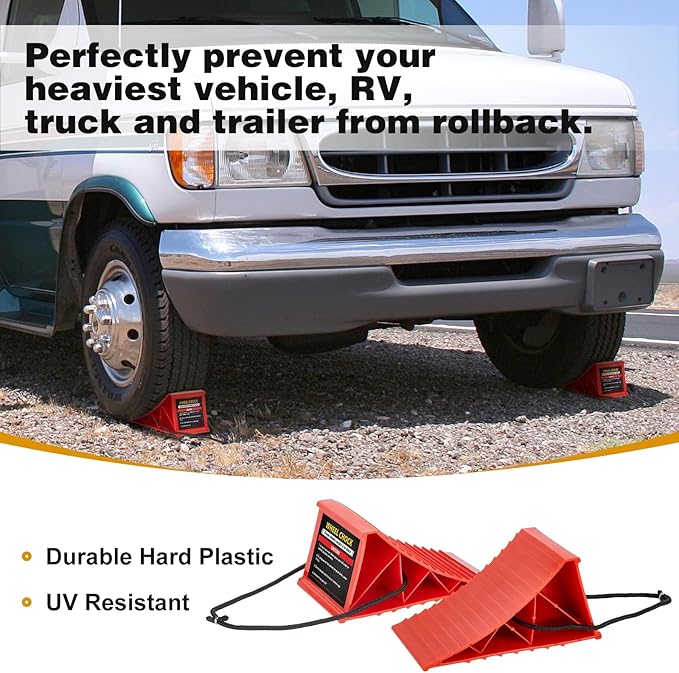 PAHTTO Wheel Chocks, 4Pack Heavy Duty Wheel Chocks with Rope for Easy Removal, Durable, Non-Slip, Hard Plastic Wheel Chocks for, RV, Camper, Effective in Keeping Your Vehicle in Place, Red