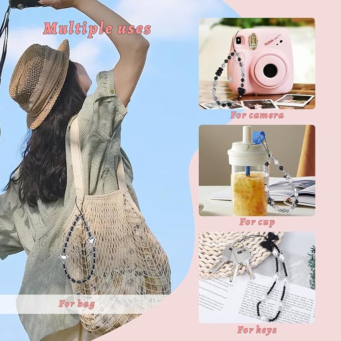 Pink Beaded Phone Wrist Straps, Y2K Phone Case Charms Camera Charm Strap