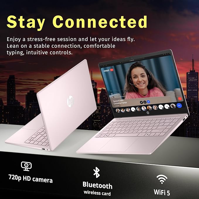 HP Flagship 14" HD Student&Business Laptop, Intel N150 CPU, 16GB RAM, 128GB UFS, Webcam, Bluetooth, Win 11s, Pink (Renewed)