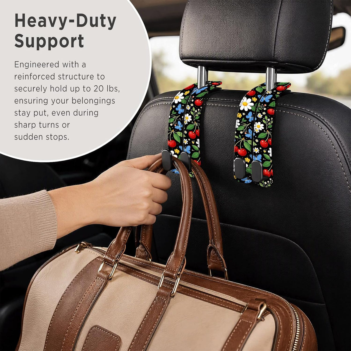 AHGSKJDG Car Seat Headrest Hook, PU Leather Car Purse Hook, Heavy Duty Double Metal Seat Back Storage Hook for Purses Handbags Bags, Car Organizer Accessories Cute Cherry Flower