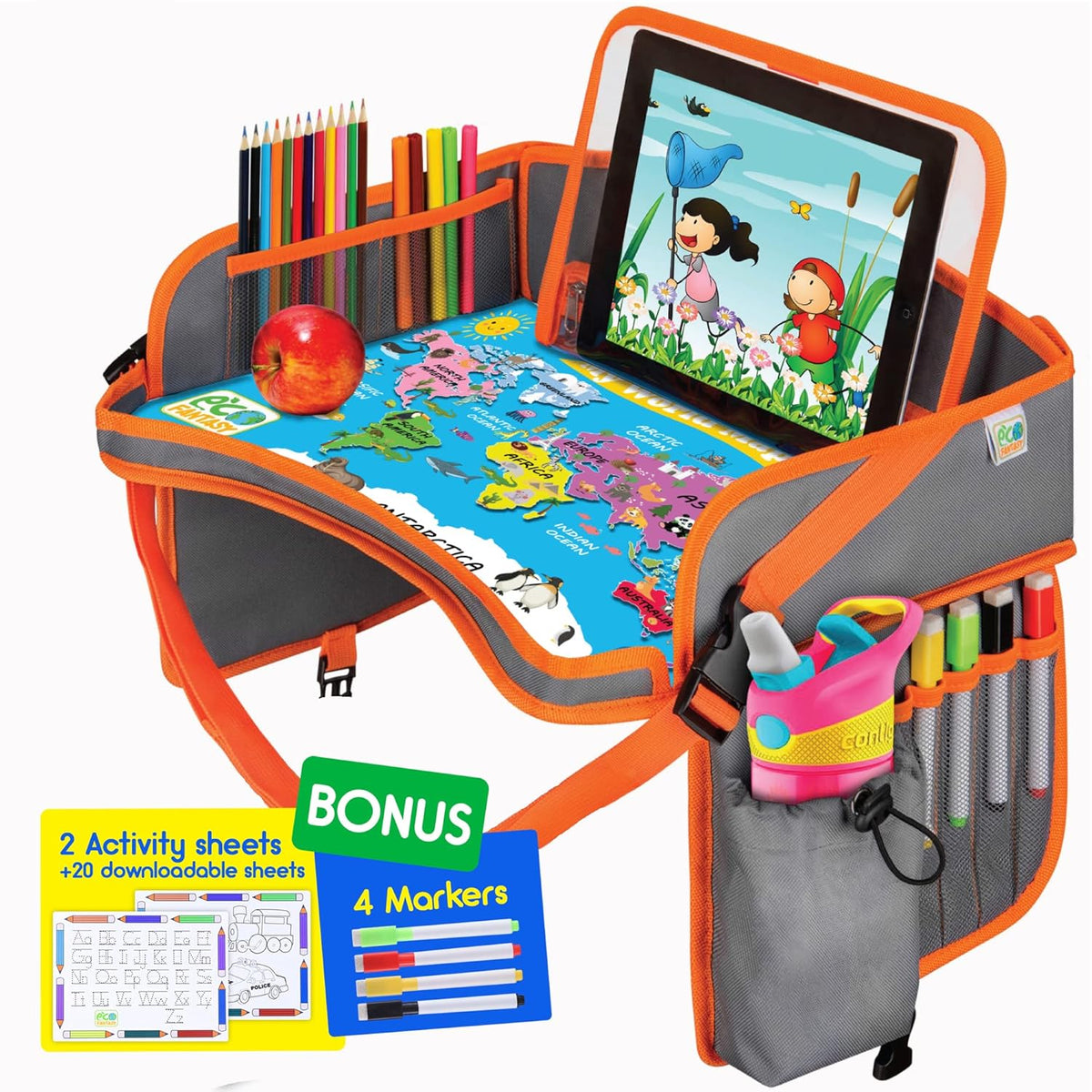 Kids Travel Tray - Waterproof Car Table with No-Drop Large Tablet Holder - Car Seat Tray - Road Trip Must Haves - Kids Lap Desk Organizer for Airplane - Toddler Travel Essentials (Orange)