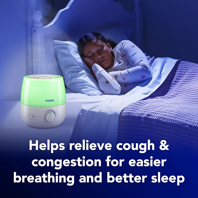 Vicks NaturalCare Cool Mist Ultrasonic Humidifier, Small Room Humidifier for Bedroom, Diffuser with Nighttime Light, Works with Vicks VapoPads, White