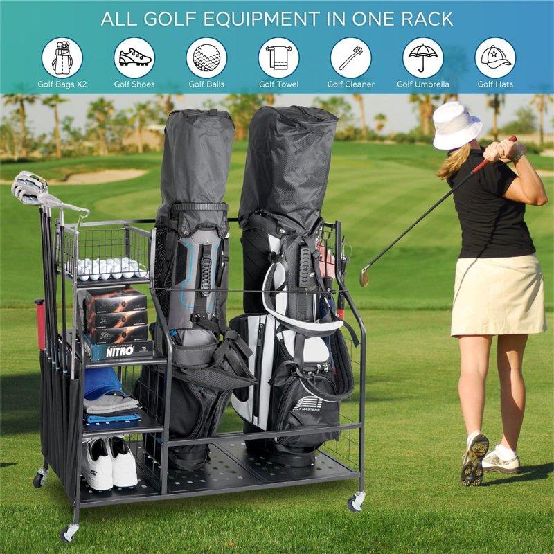 STUFFSTASH Golf Bag Organizer; Bags, Shoe and Accessories Storage for Garage; Mens Cart Stand Caddy Organizers; Fits 2 Golf Bags; Sports Equipment Rack for Shed; Club Basket Locker; Ball Holder