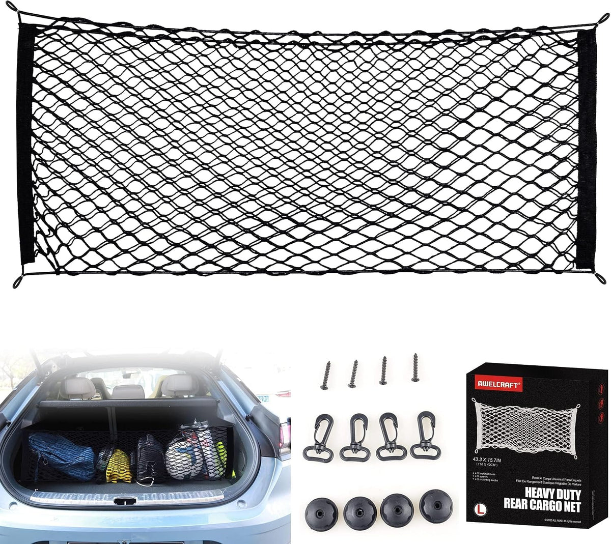AWELCRAFT Car Rear Cargo Net – Adjustable Elastic Trunk Storage Organizer