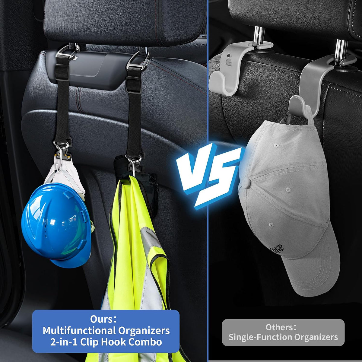 Purse Hook for Car, Adjustable Headrest Hooks & Hat Clip (4 Pack)