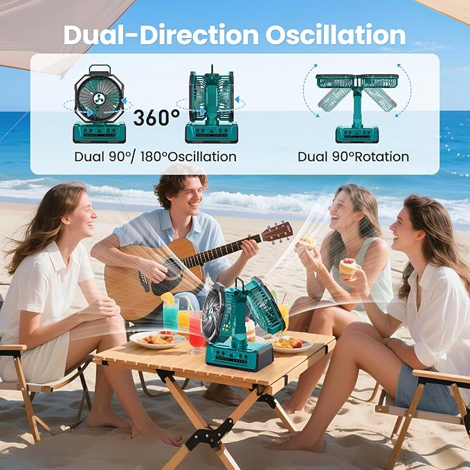 Dual Head Portable Rechargeable Fan 20000mAh Battery Powered Fan Camping Cordless with 360° Air Delivery, LED Lantern & Remote, Auto Oscillation, Battery Operated for Tent Office Travel Picnic Jobsite