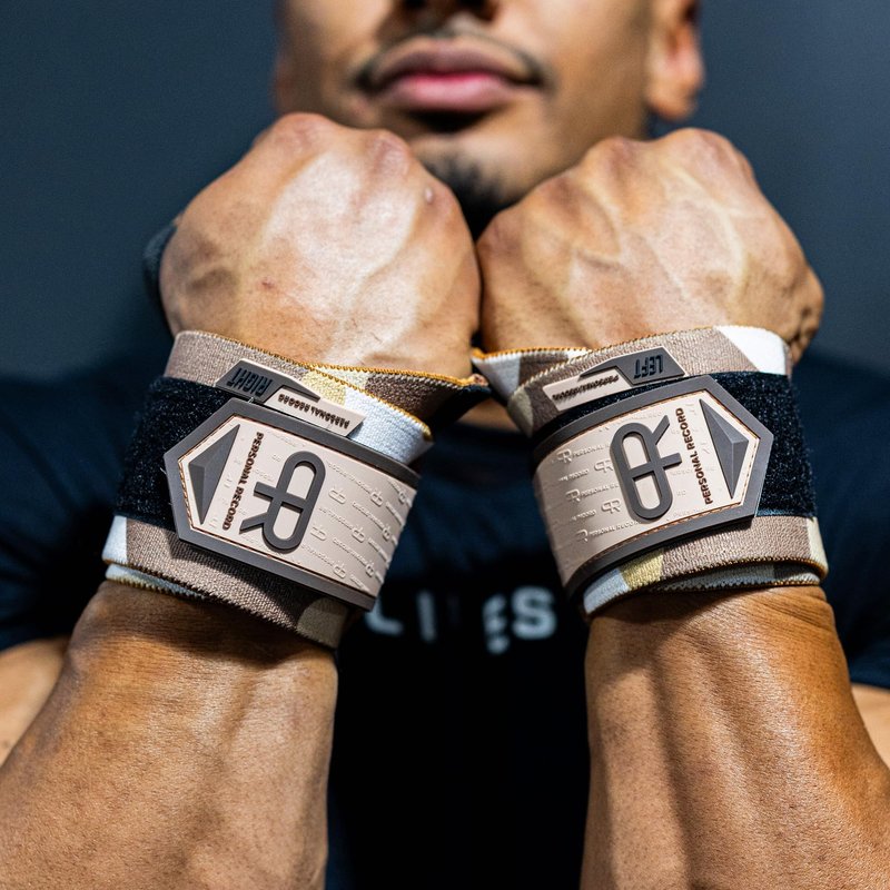 PR Personal Record Heavy Duty Premium Wrist Wraps, More Elasticity, Reinforced Stitching, Extra Wide Strap, Strong Thumb Loop, Larry Wheels Weightlifting Wraps, Lifting Wrist Wraps (Sand Camo)