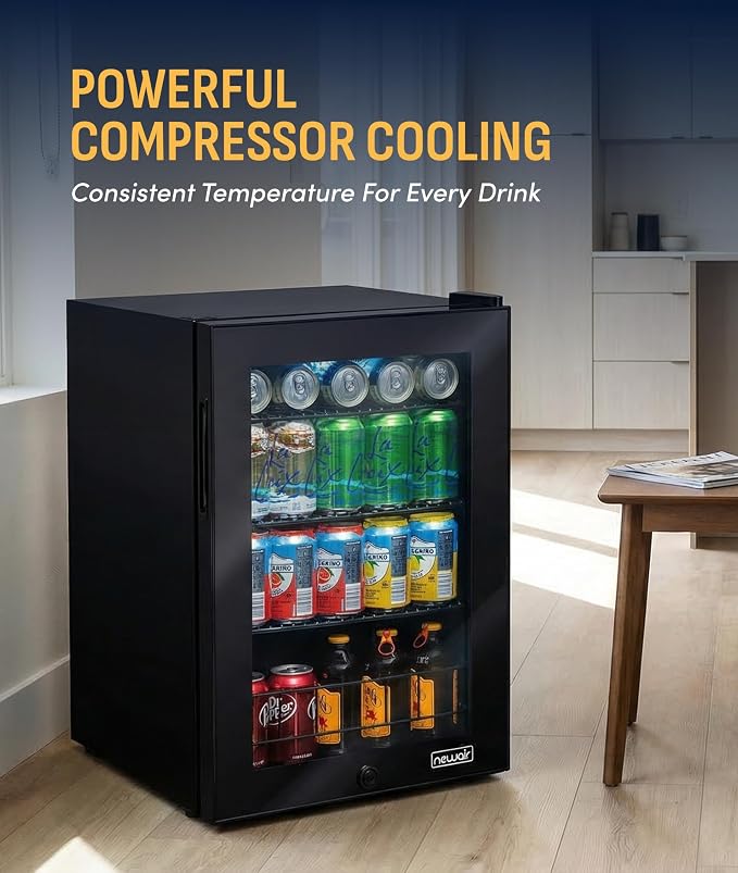 NewAir 90 Can Beverage Refrigerator | Freestanding Small Mini Fridge for Bedroom, Home Bar or Office | Adjustable Shelves, Quiet Cooling & Locking Door | Black