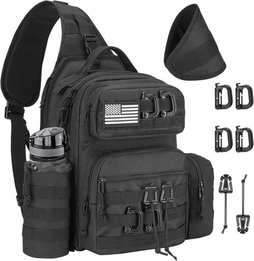 CVLIFE Tactical Sling Bag - Military Shoulder Backpack with Molle System & Hidden Pocket | Black EDC Bag