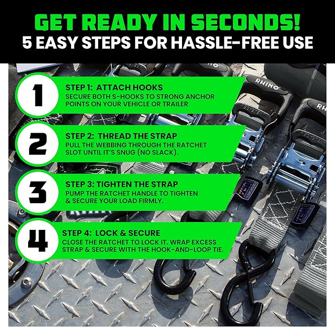 Rhino USA Ratchet Straps Heavy Duty Kit (4-Pack) - 1.6 Inch x 8 Feet Min Break Strength (5,000) - Ultimate Tie Down Straps with Safety S Hooks for Trucks, ATV, UTV, Motorcycle, Cargo & More - Gray