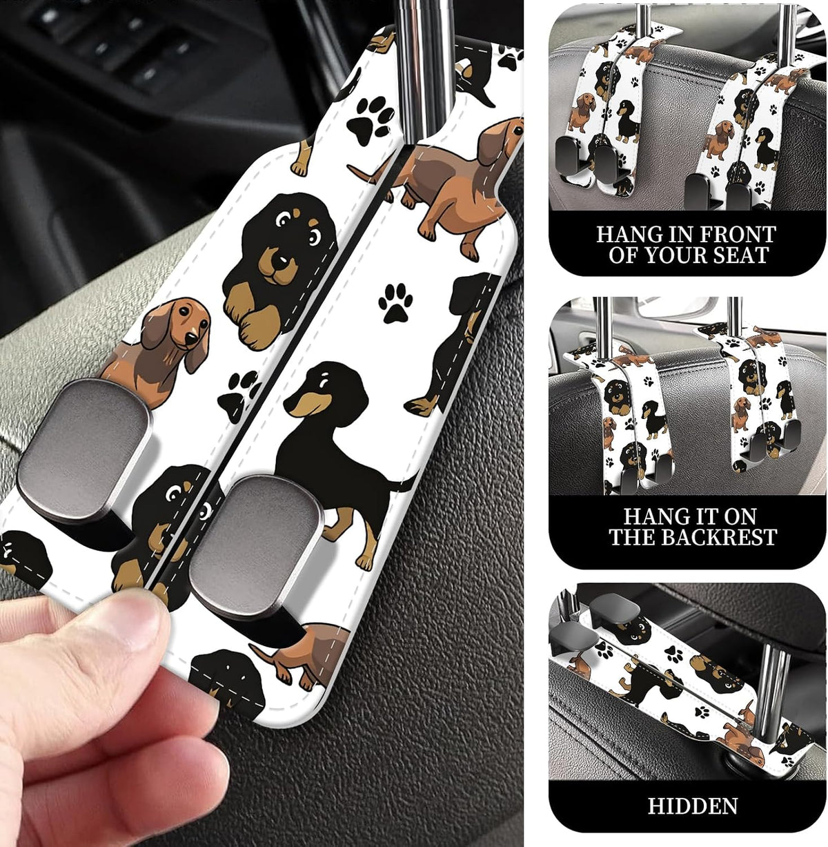 PU Leather Car Seat Hook, Storage Headrest Hanger, Cute Car Backseat Organizer, Car Hooks For Purses and Bags, Cute Dachshund
