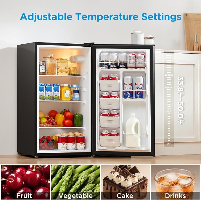 Midea 3.3 Cu.ft Compact Fridge, Energy Star Certified, Low Noise for Office | Adjustable Thermostat, Reversible Door,Ideal for Dorm, Office, Black