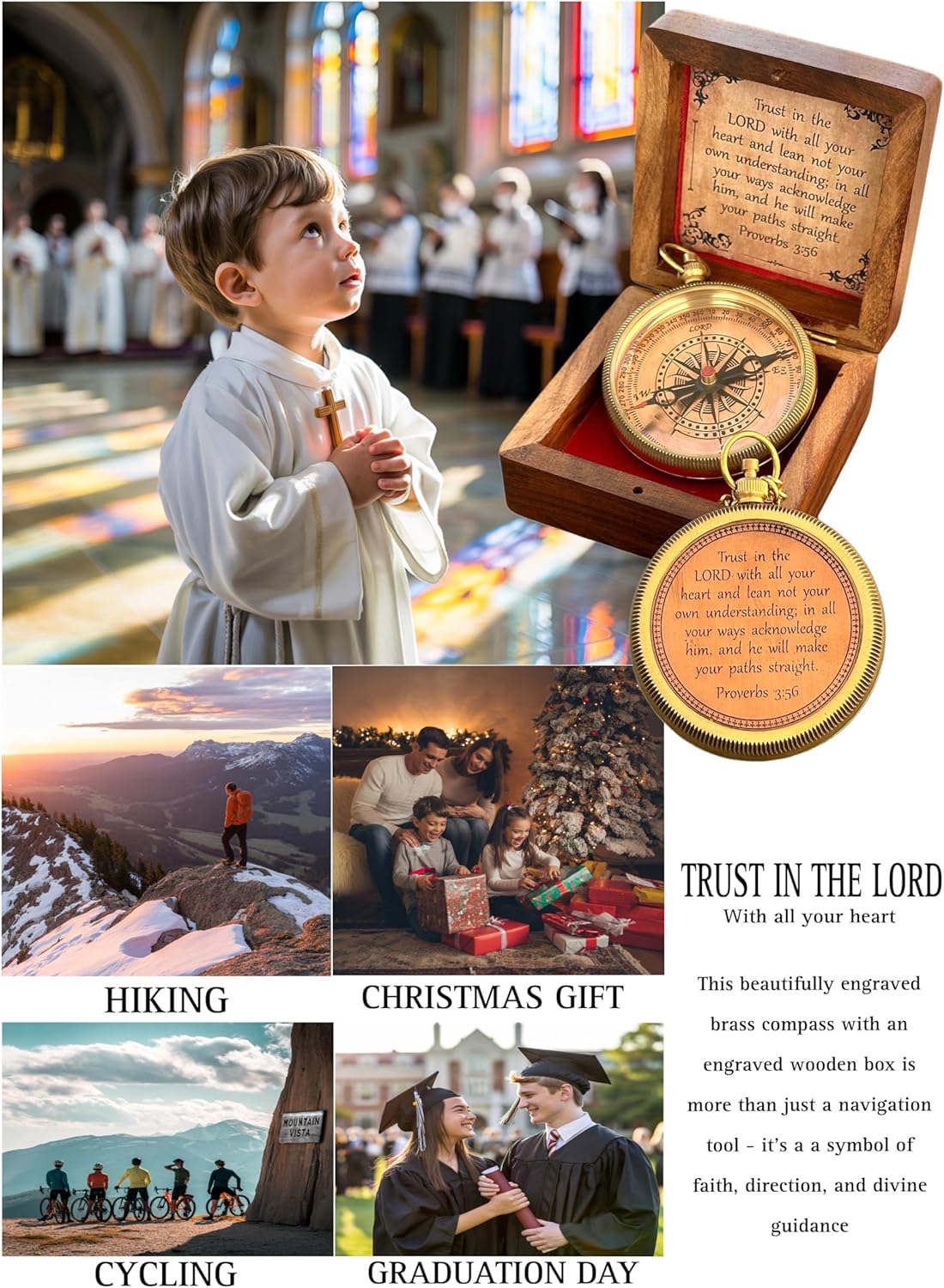 Trust in The Lord Compass - Engraved Proverbs 3:5-6 Quote | Unique Baptism Gift for Men