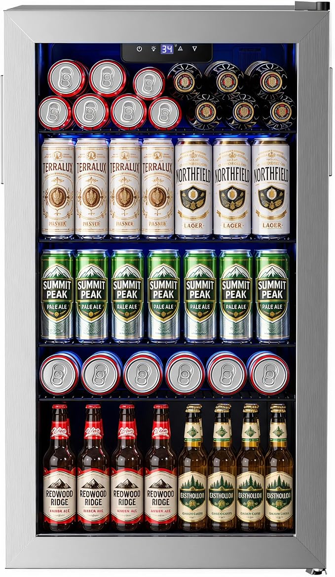 Feelfunn Beverage Refrigerator Cooler - 126 Can Mini Fridge Glass Door for Drinks Soda Beer Wine - Small Refrigerator for Office Bedroom Home Bar, 4 Adjustable Shelves, 3.2 Cu.Ft, Silver