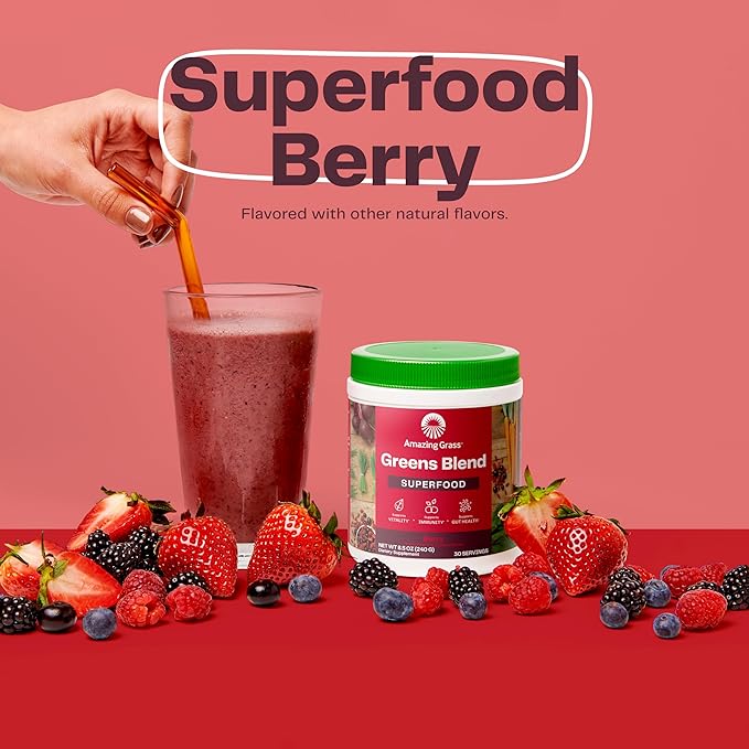 Amazing Grass Greens Superfood Powder: Greens Powder with Digestive Enzymes & Probiotics, Organic Spirulina, Chlorella, and Beet Root Powder, Berry, 30 Servings (Packaging May Vary)