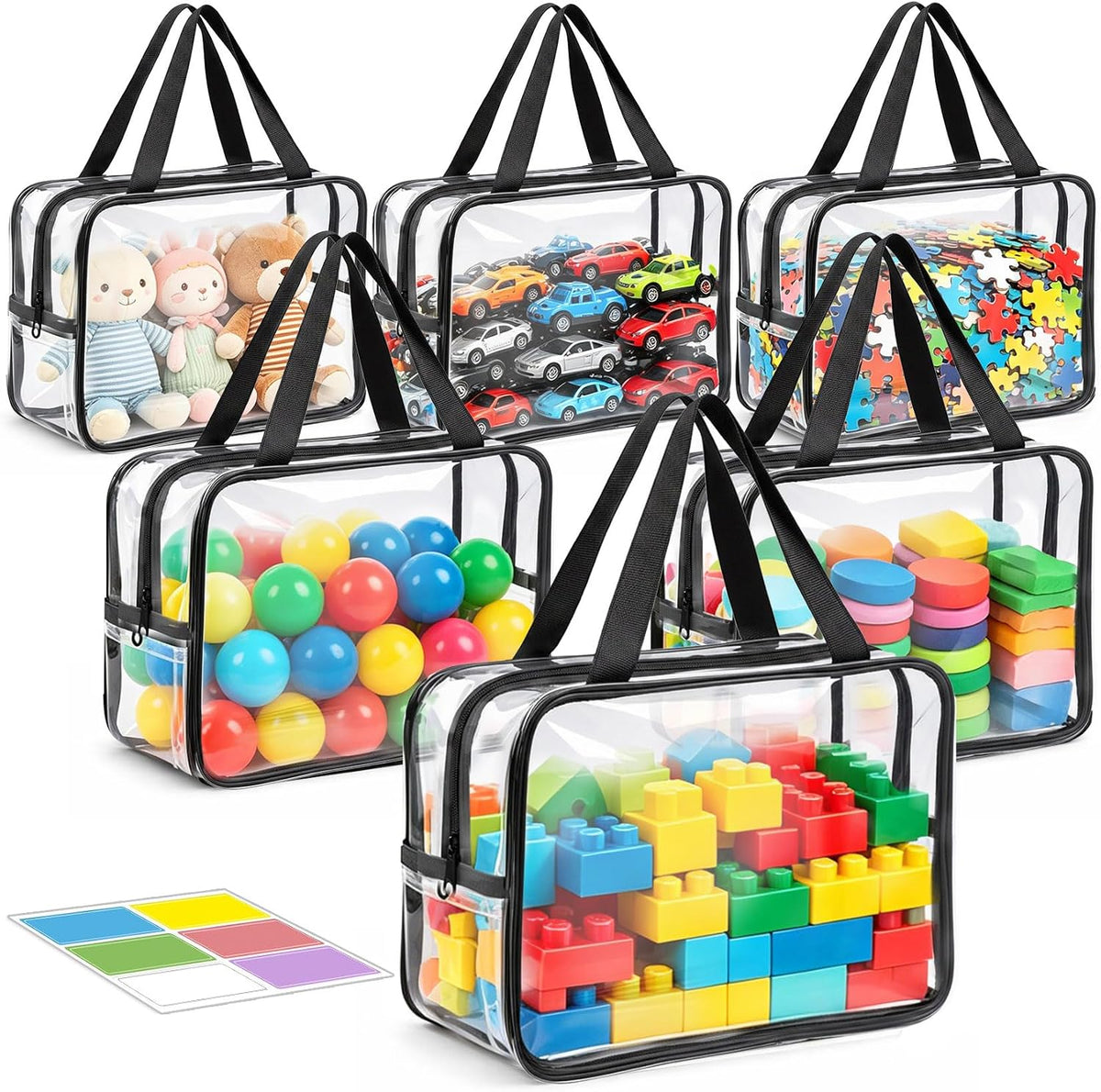 6 Packs Large Toy Storage Bags, Reusable Clear PVC Storage Bags with Zipper, Travel Waterproof Organizer Bags for Puzzles, Building Blocks,Board Game, Kids Books, Stationery (Black)