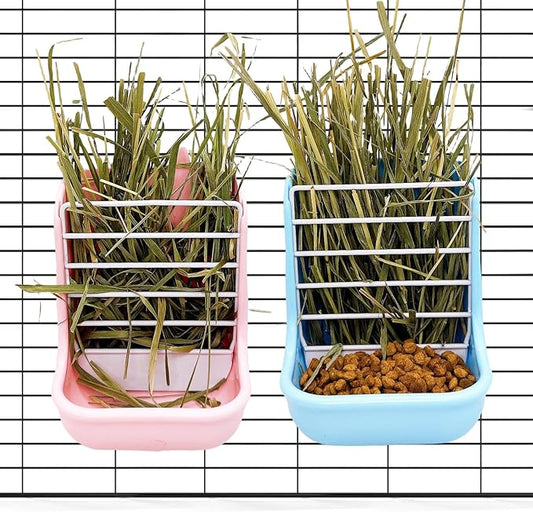 Hamiledyi 2PCS Rabbit Hay Feeders Rack 2 in 1 Feeder Bowls Double Bunny Feed Holder Grass Food Supplies for Chinchillas Guinea Pig Hamsters (Pink+Blue)