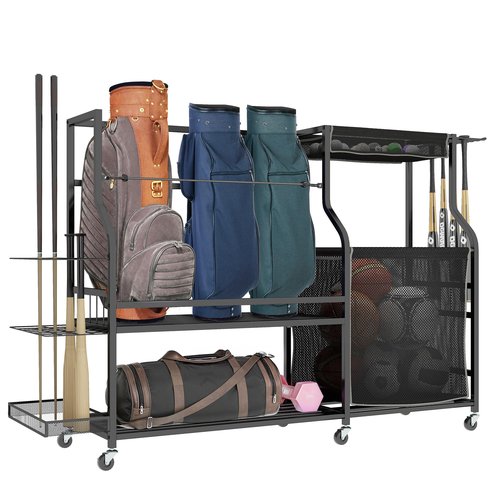DWVO Golf Bag Organizer for Garage, Golf Storage Stand with Casters, Garage Sports Organizer for Balls, Rackets, Roller Skates and Other Sport Equipments