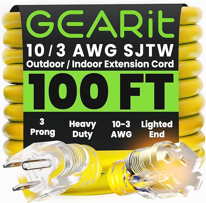 GEARit 100 Ft Extension Cords 10/3 Gauge Outdoor/Indoor SJTW 10 AWG 3 Prong Heavy Duty Power Cable 15A 125V 1875W for Lawn, Garden, Appliances Yellow