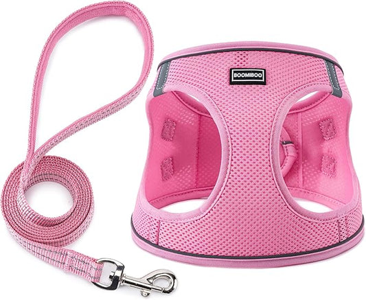 BOOMIBOO Dog Harness with Leash Set, No Pull Adjustable Reflective Step-in Puppy Pet Vest Harnesses for Small Medium Large Dogs and Cats,Pink S