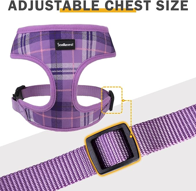 SCENEREAL No Pull Dog Harness Collar and Leash Set Small Medium Sized Dog, Soft Mesh Puppy Harnesses, No Chock Plaid Adjustable Pet Vest for Outdoor Walking Training and Running, Purple S