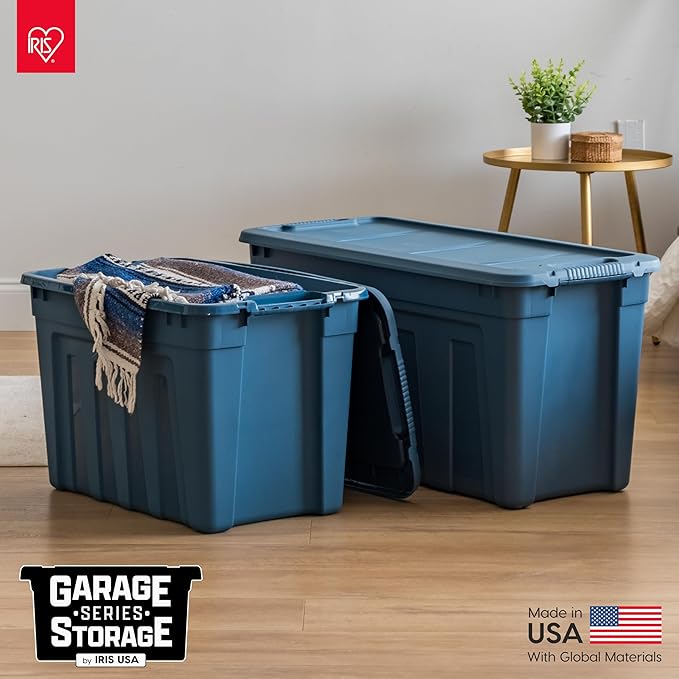 IRIS USA 31 Gallon Eco-Friendly Heavy Duty Storage Totes with Easy-Grip Handles, 4 Pack - Large Bins with Lids Garage Organizing Tubs, Durable Stackable Utility Containers, Made in USA - Navy