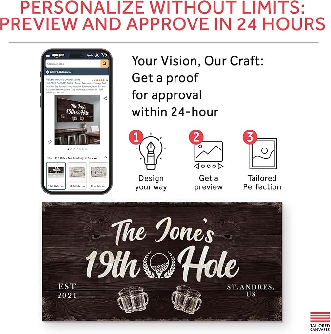 TAILORED CANVASES Golf Art Decor - Personalized Vintage Golf Wall Art Sign for Man Cave, Bedroom, Basement, Home Bar and Custom Gift for Husband, Dad, Wedding & Anniversary - 19th Hole Sign, 60"x30"