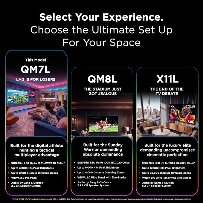 TCL 85 Inch Class QM7L Series | SQD-Mini-LED QLED Smart TV | 85QM7L, 2026 Model | 144Hz | Ultimate Color Ultra Brightness & Contrast | Google AI Bang & Olufsen | Voice Gaming Streaming Television