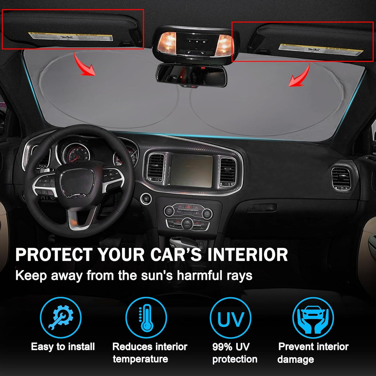 Front Windshield Sun Shade Fit for Dodge Charger Challenger Durango Journey Universal Fit to All Dodge Cars Foldable Sun Visor Protector Custom Fit Dodge Window Sunhade (Black)