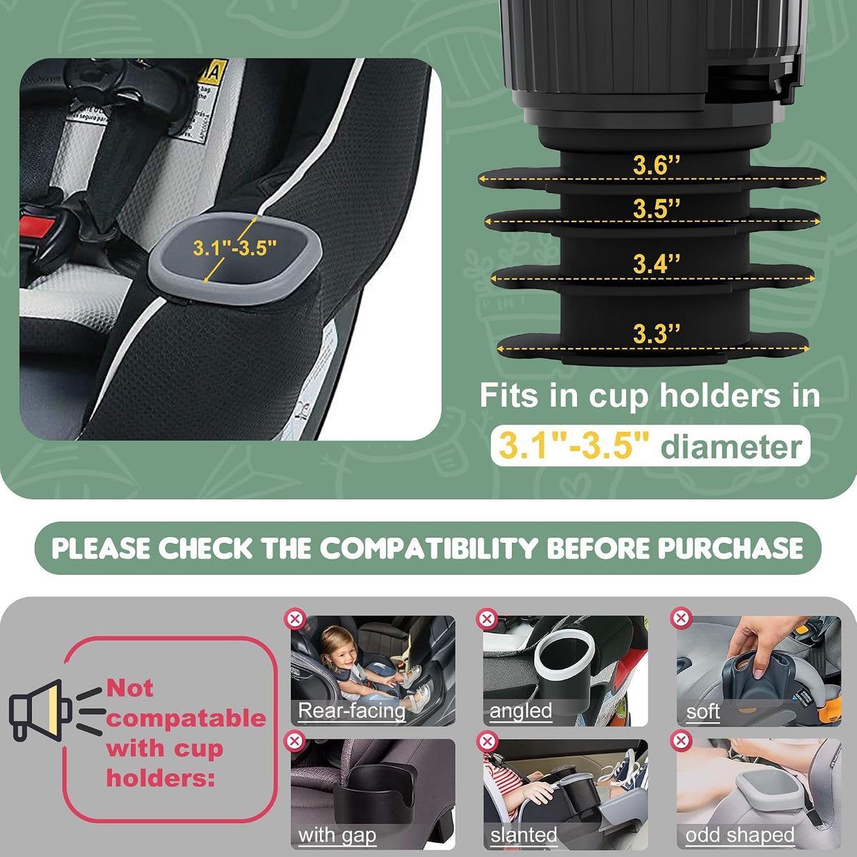 Car Seat Tray for Kids Fits 3.1'-3.5'Cup Holders (1, Large Base)